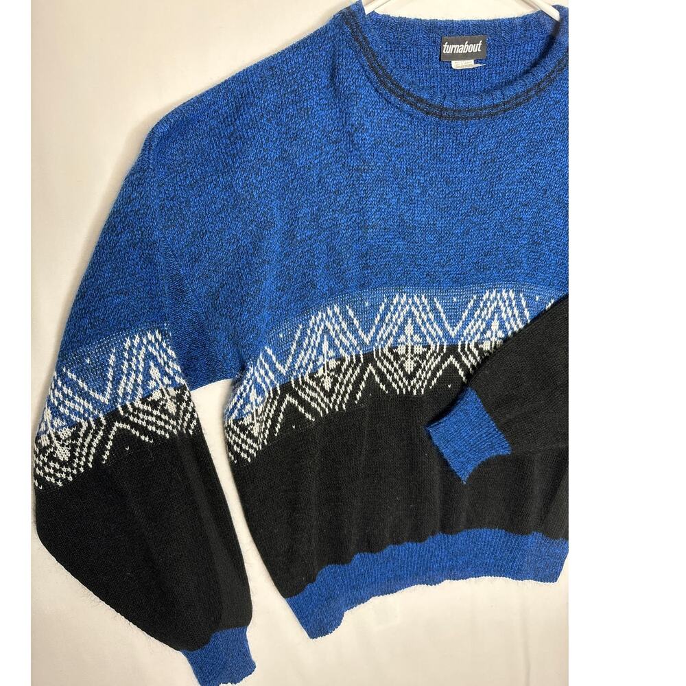 Vintage Y2K Turnabout crew neck multipattern sweater blue, black & white size XL - Picture 2 of 9